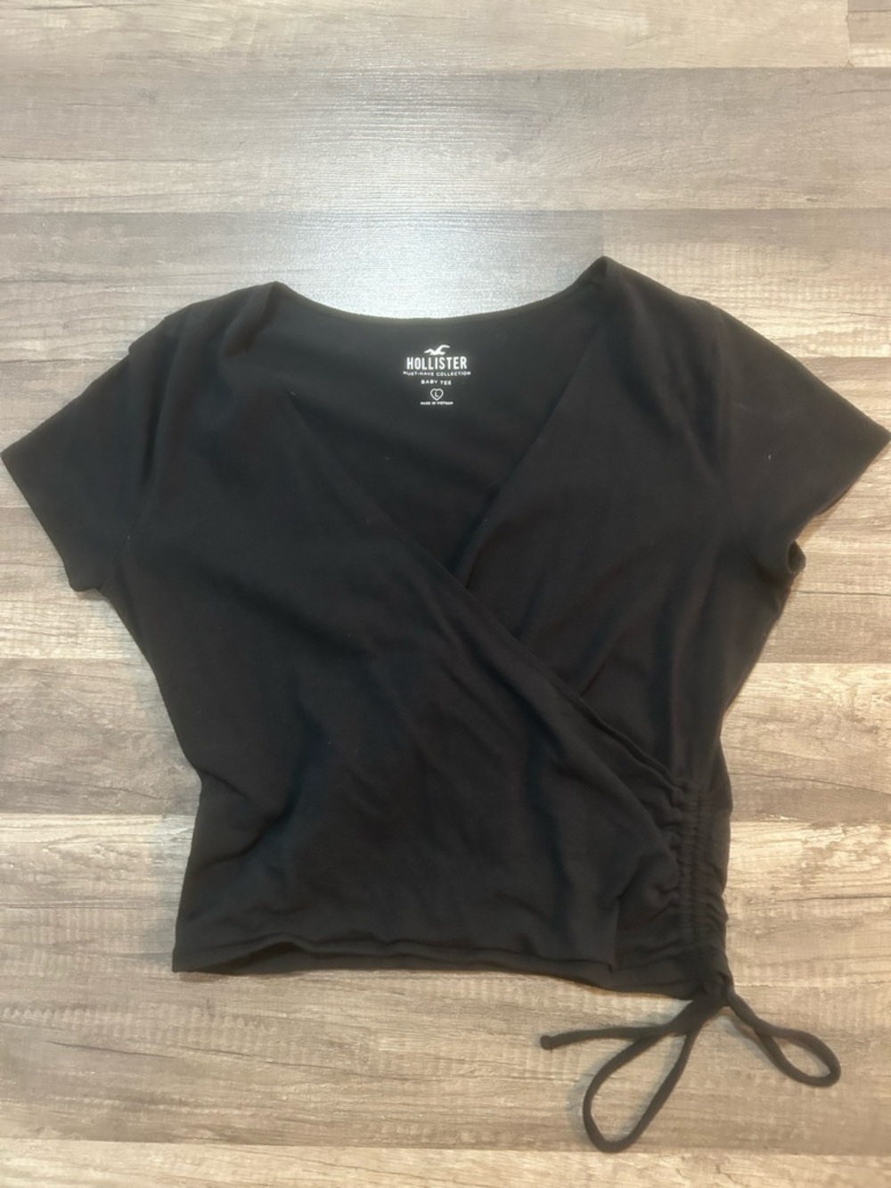 Hollister Black Short-Sleeve Wrap Crop Top with Side Drawstring